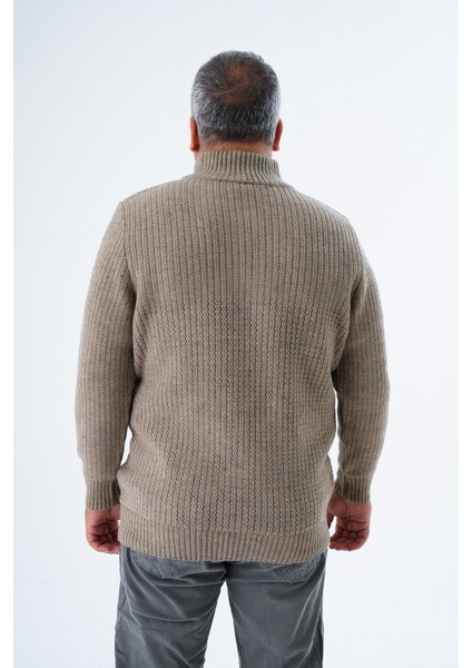 Büyük Beden Erkek Vizon Zikzak Yürütmeli Dik Yaka Kısa Fermuarlı Triko Yün Kazak TRIST-2117 modelleri