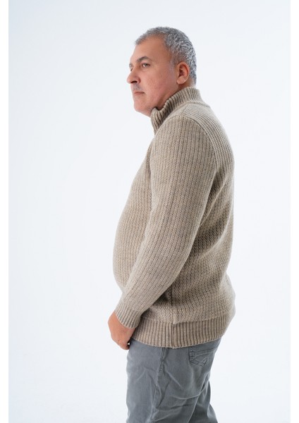 Büyük Beden Erkek Vizon Zikzak Yürütmeli Dik Yaka Kısa Fermuarlı Triko Yün Kazak TRIST-2117 fırsatları