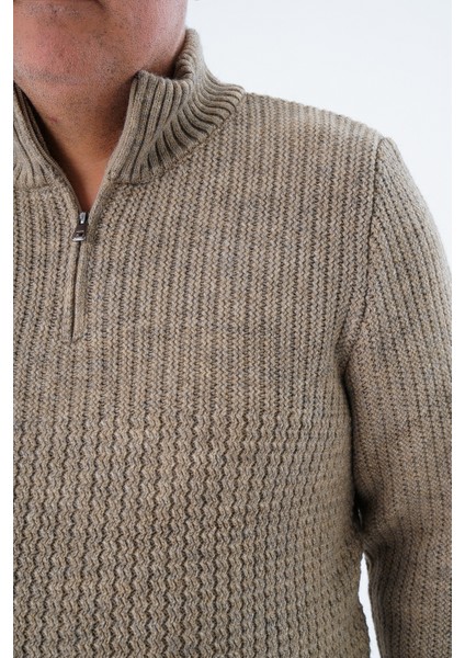 Büyük Beden Erkek Vizon Zikzak Yürütmeli Dik Yaka Kısa Fermuarlı Triko Yün Kazak TRIST-2117 indirimleri