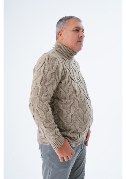 Büyük Beden Erkek Vizon Balıkçı Yaka Pirinç Saç Örgülü Yün Triko Örme Kazak TRIST-2118 fiyatları