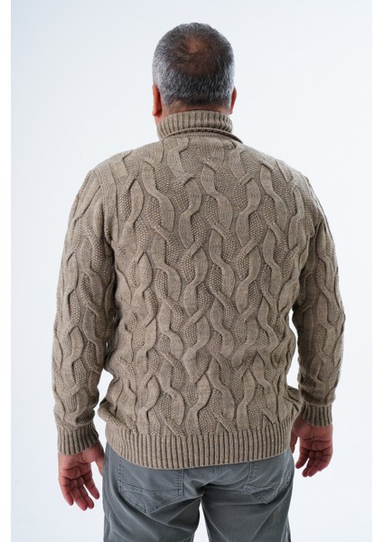 Büyük Beden Erkek Vizon Balıkçı Yaka Pirinç Saç Örgülü Yün Triko Örme Kazak TRIST-2118 modelleri