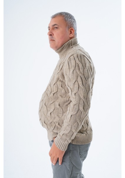 Büyük Beden Erkek Vizon Balıkçı Yaka Pirinç Saç Örgülü Yün Triko Örme Kazak TRIST-2118 fırsatları