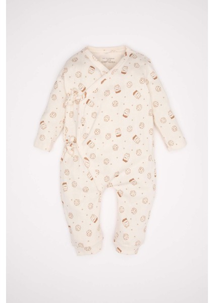 Erkek Bebek Yenidoğan Beyaz Bağlamalı Desenli Uzun Kollu Tulum C4731A524AU