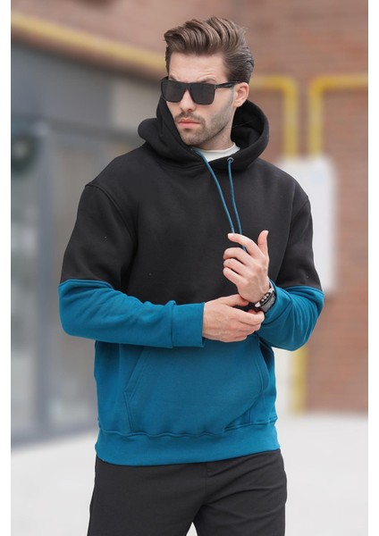 Siyah Kapüşonlu Renk Bloklu Baskı Detaylı Erkek Sweatshirt 7046