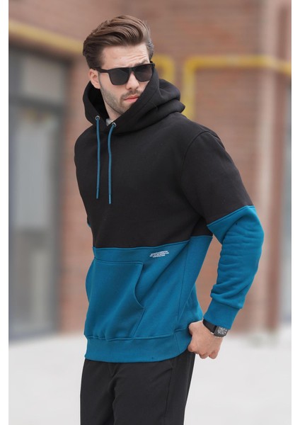 Siyah Kapüşonlu Renk Bloklu Baskı Detaylı Erkek Sweatshirt 7046