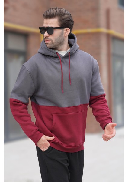 Füme Kapüşonlu Renk Bloklu Baskı Detaylı Erkek Sweatshirt 7046