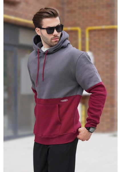 Füme Kapüşonlu Renk Bloklu Baskı Detaylı Erkek Sweatshirt 7046