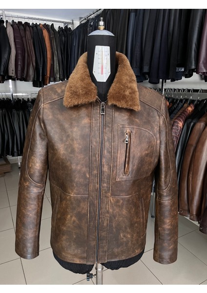 Erkek Kahve Seyyar Yaka Kürklü Hakiki Deri Ceket