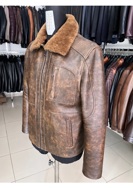 Erkek Kahve Seyyar Yaka Kürklü Hakiki Deri Ceket fiyatları