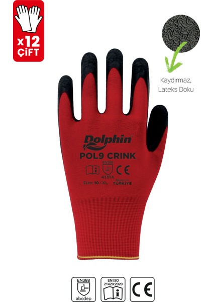 Polyester Lateks Eldiven Kırmızı/siyah Pol9 Crınk 10-Xl 12 Çift