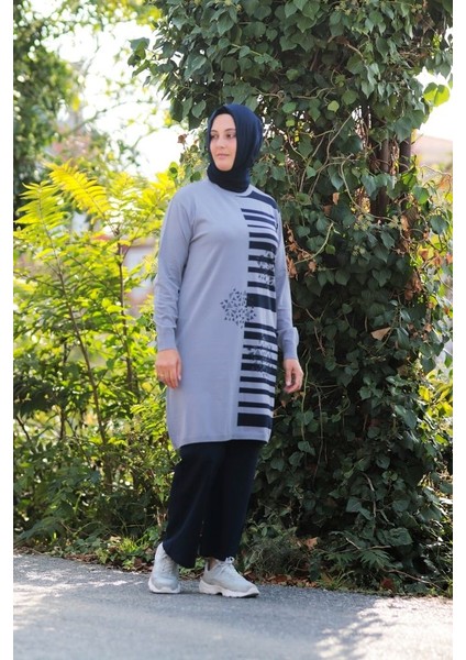 Zey&Ka Butik Büyük Beden Merserize Soğuk Rayon Iplik Perfect Geometrik Çizgi Desen Tunik Pantolon Ikili Takım