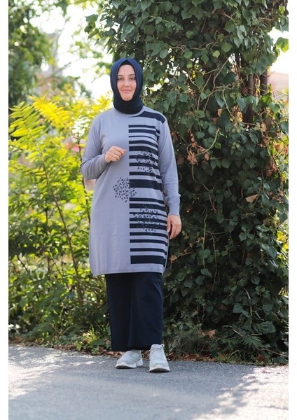 Zey&Ka Butik Büyük Beden Merserize Soğuk Rayon Iplik Perfect Geometrik Çizgi Desen Tunik Pantolon Ikili Takım