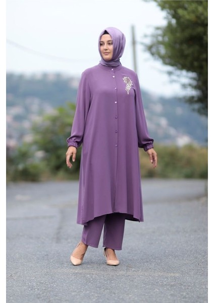 Büyük Beden Taş Detay Düğmeli Tunik Pantolon Ikili Takım