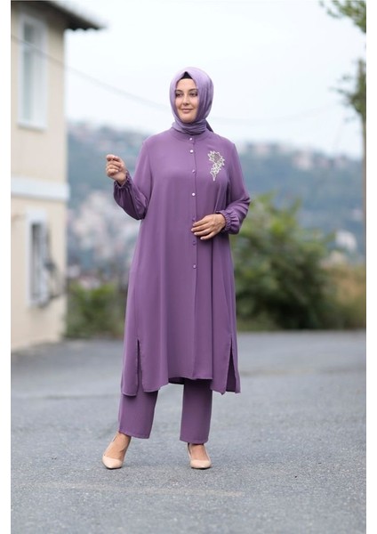 Büyük Beden Taş Detay Düğmeli Tunik Pantolon Ikili Takım modelleri