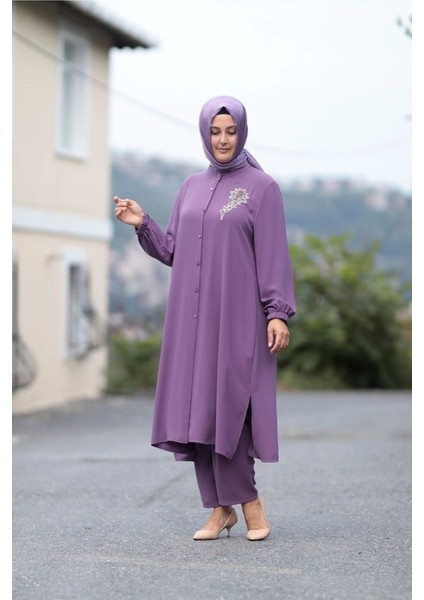 Büyük Beden Taş Detay Düğmeli Tunik Pantolon Ikili Takım fırsatları