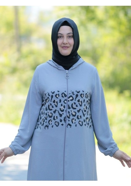Büyük Beden Leopar Detay Fermuarlı Giy Çık Kap