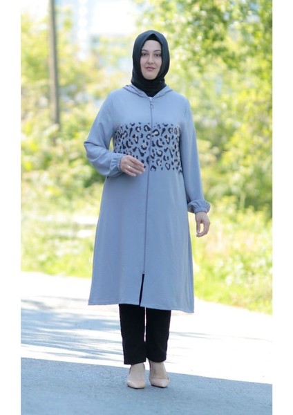 Büyük Beden Leopar Detay Fermuarlı Giy Çık Kap