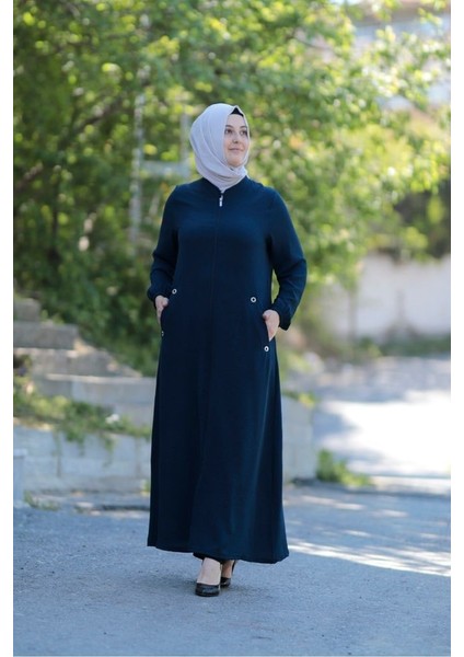 Büyük Beden Kuş Gözü Detay Fermuarlı Cepli Kap Ferace