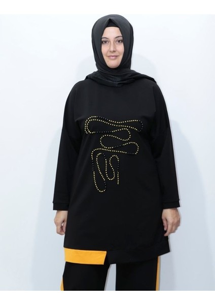 Büyük Beden Inci Işlemeli Iki Iplik Pamuklu Tunik Pantolon Ikili Takım