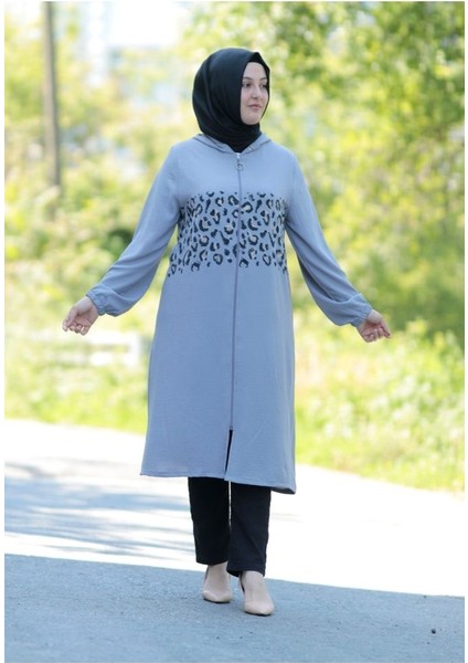 Büyük Beden Leopar Detay Fermuarlı Giy Çık Kap