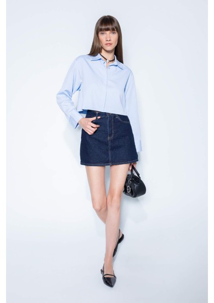 Crop Basic Düz Düğmeli Dokuma Uzun Kollu Gömlek D4617AX24AU