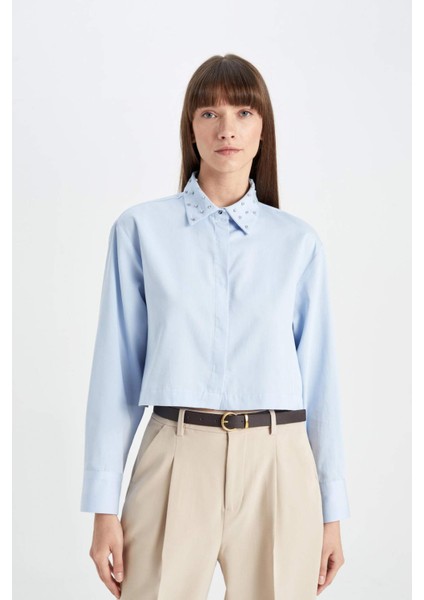 Crop Basic Düz Düğmeli Dokuma Uzun Kollu Gömlek D4617AX24AU