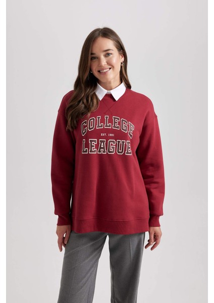 Kapüşonlu Kolej Baskılı Kalın Sweatshirt Tunik B3498AX23WN