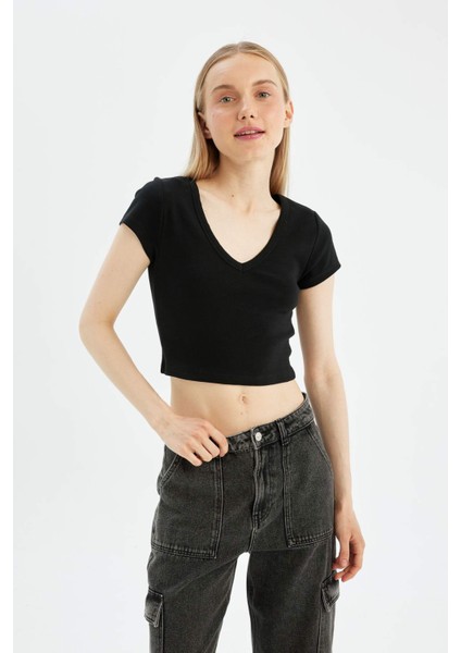 Coool Fitted V Yaka Ribana Basic Düz Kısa Kollu Tişört D4243AX24HS
