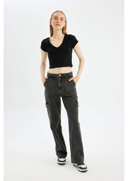 Coool Fitted V Yaka Ribana Basic Düz Kısa Kollu Tişört D4243AX24HS