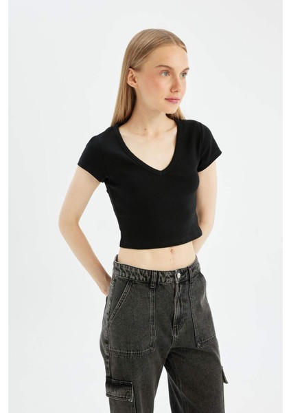 Coool Fitted V Yaka Ribana Basic Düz Kısa Kollu Tişört D4243AX24HS