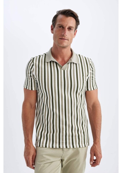 Slim Fit Dar Kesim Çizgili Kısa Kollu Polo Tişört D4795AX24SM