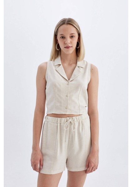 Fitted Pijama Yaka Keten Karışımlı Kolsuz Gömlek A6858AX24HS