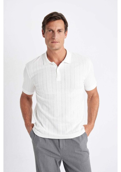 Regular Fit Kısa Kollu Dokulu Triko Polo Tişört C4140AX24SM