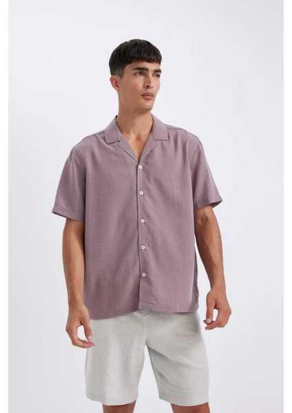 Relax Fit Polo Yaka Keten Görünümlü Basic Düz Kısa Kollu Gömlek D4541AX24SM