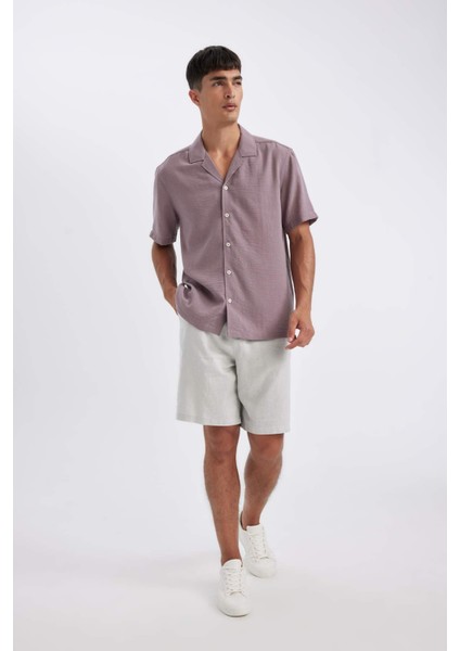 Relax Fit Polo Yaka Keten Görünümlü Basic Düz Kısa Kollu Gömlek D4541AX24SM