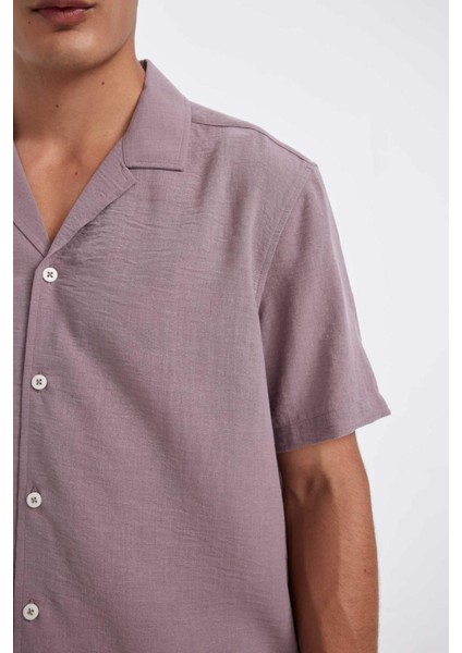 Relax Fit Polo Yaka Keten Görünümlü Basic Düz Kısa Kollu Gömlek D4541AX24SM