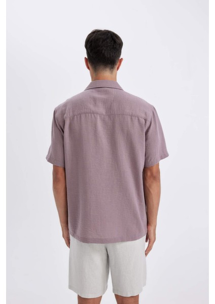 Relax Fit Polo Yaka Keten Görünümlü Basic Düz Kısa Kollu Gömlek D4541AX24SM