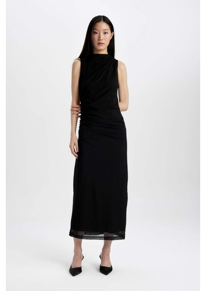 Bodycon Vücudu Saran Yarım Balıkçı Yaka Basic Düz Tül Kolsuz Maxi Elbise C3519AX24SP fiyatları