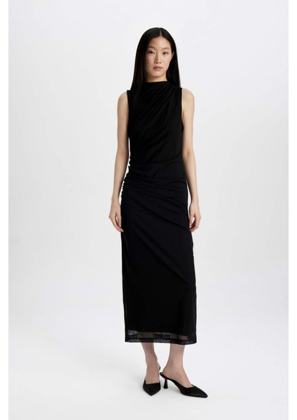 Bodycon Vücudu Saran Yarım Balıkçı Yaka Basic Düz Tül Kolsuz Maxi Elbise C3519AX24SP modelleri