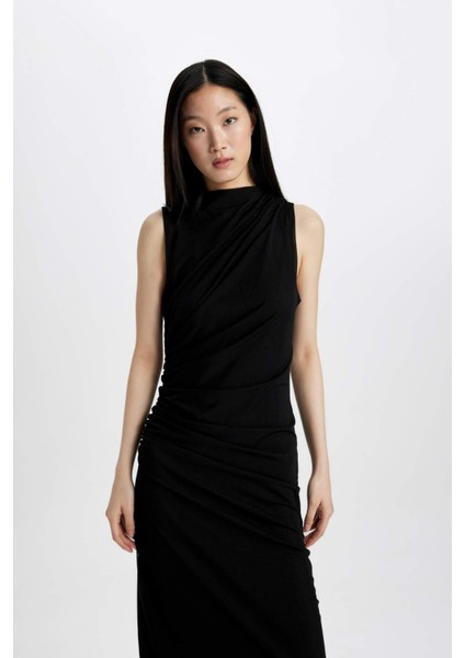 Bodycon Vücudu Saran Yarım Balıkçı Yaka Basic Düz Tül Kolsuz Maxi Elbise C3519AX24SP indirimleri