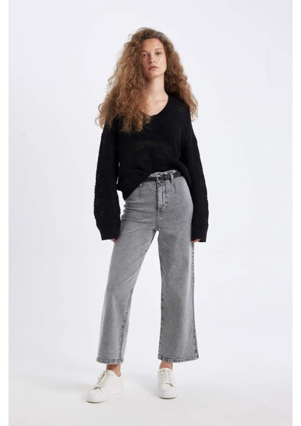 Regular Fit V Yaka Kroşe Siyah Triko Kazak D4633AX24AU