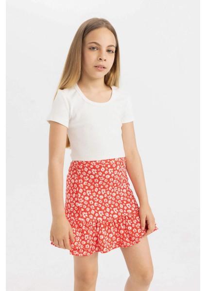 Kız Çocuk Slim Fit Dar Kesim Bisiklet Yaka Basic Düz Fitilli Kaşkorse Kısa Kollu Tişört C4510A824SM