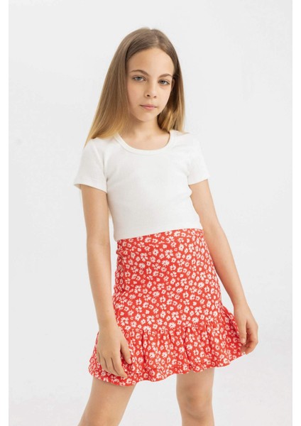 Kız Çocuk Slim Fit Dar Kesim Bisiklet Yaka Basic Düz Fitilli Kaşkorse Kısa Kollu Tişört C4510A824SM