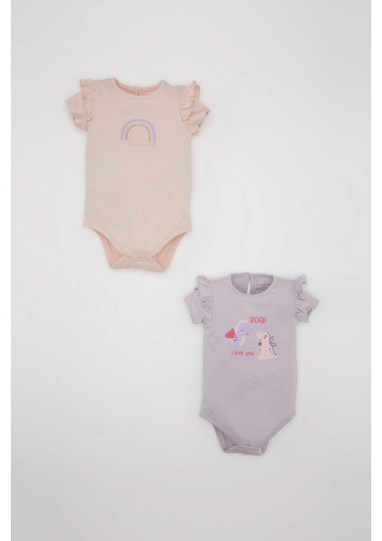 Kız Bebek Yenidoğan Bisiklet Yaka Dinazor Baskılı Penye 2'li Kısa Kollu Çıtçıtlı Body C9485A524SM