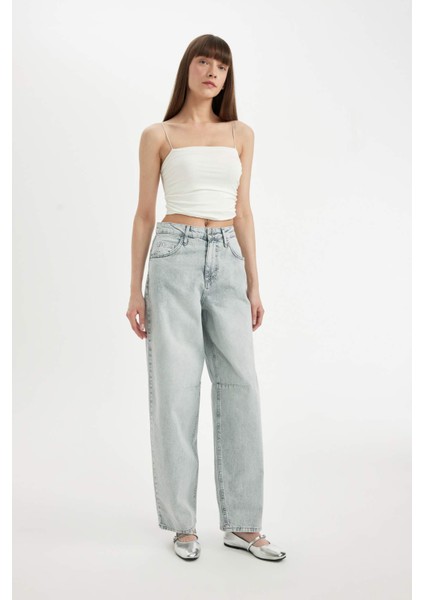 Baggy Fit Yüksek Bel Uzun Jean Yıkamalı Pantolon D0192AX24HS