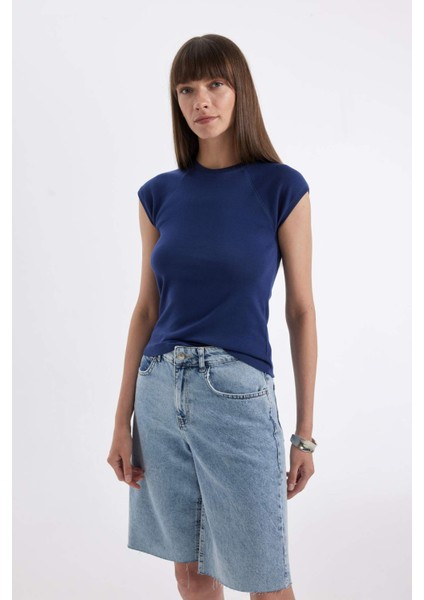 Slim Fit Dar Kesim Bisiklet Yaka Ribana Basic Düz Kısa Kollu Tişört C7334AX24SM