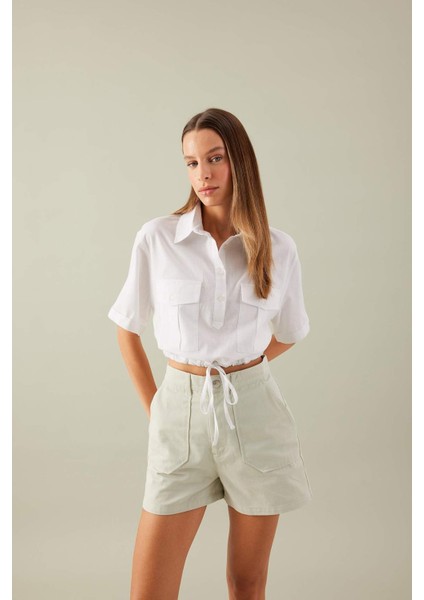 Cropped Fit Gömlek Yaka Keten Karışımlı Kısa Kollu Bluz C6812AX24SM