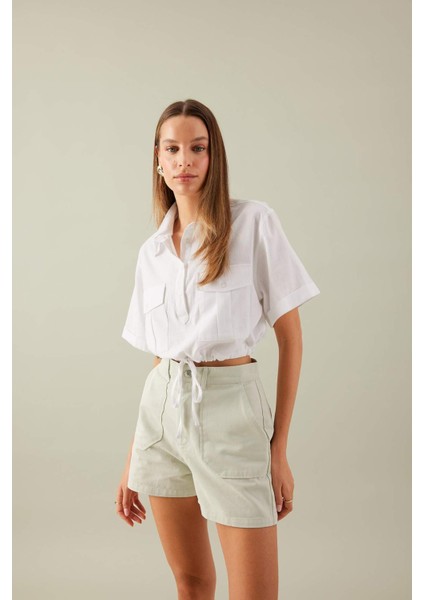 Cropped Fit Gömlek Yaka Keten Karışımlı Kısa Kollu Bluz C6812AX24SM