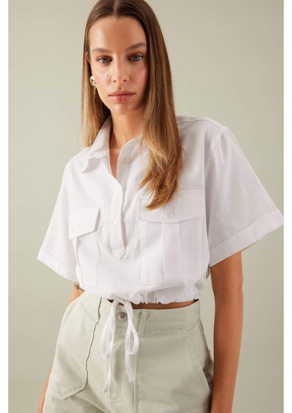 Cropped Fit Gömlek Yaka Keten Karışımlı Kısa Kollu Bluz C6812AX24SM