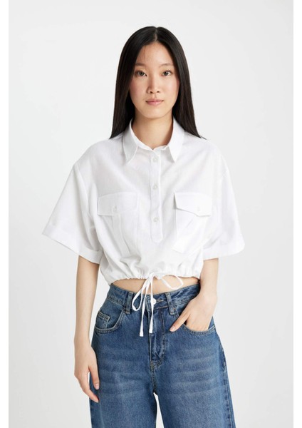 Cropped Fit Gömlek Yaka Keten Karışımlı Kısa Kollu Bluz C6812AX24SM